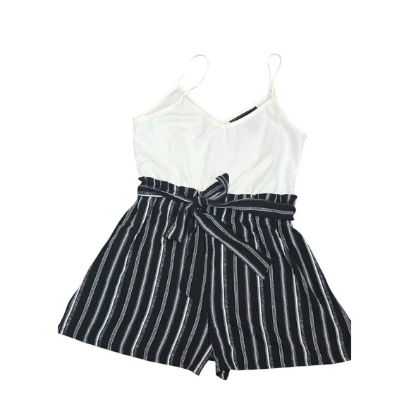 Polly & Esther Striped Black & White Sleeveless Romper With Adjustable Waist Tie - Picture 1 of 10
